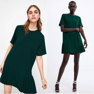 Zara Dark Green Pleat Mini Dress Size M